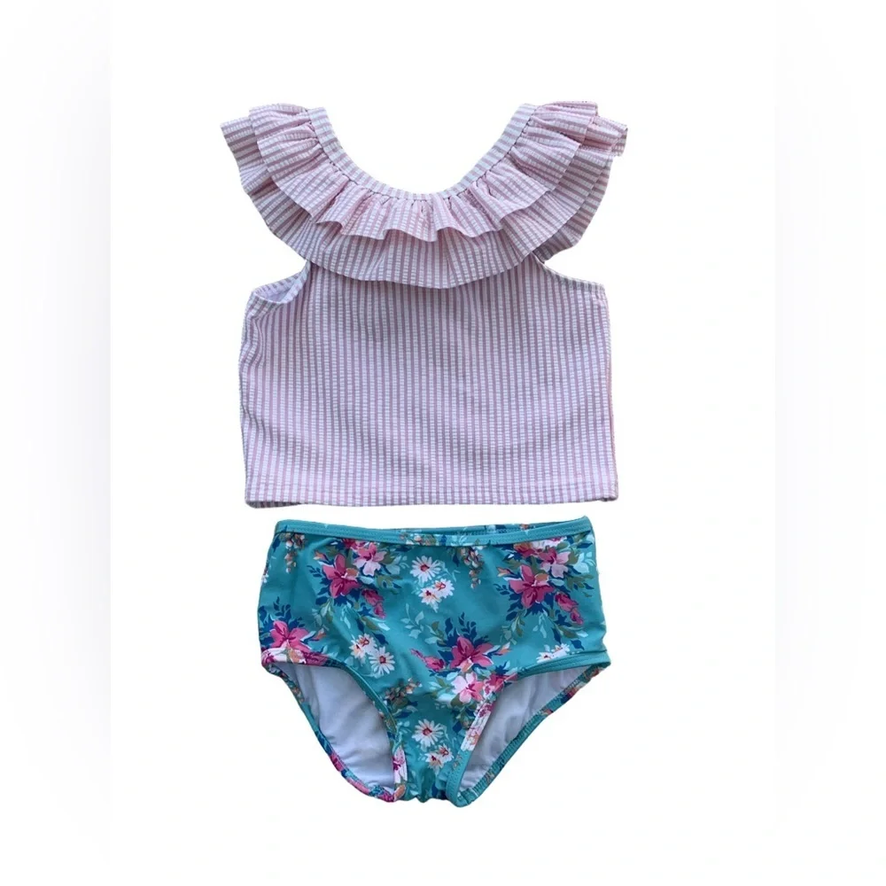 RuffleButts Size 8 Fancy Me Floral Two Piece Ruffle Seersucker Tankini Swimsuit